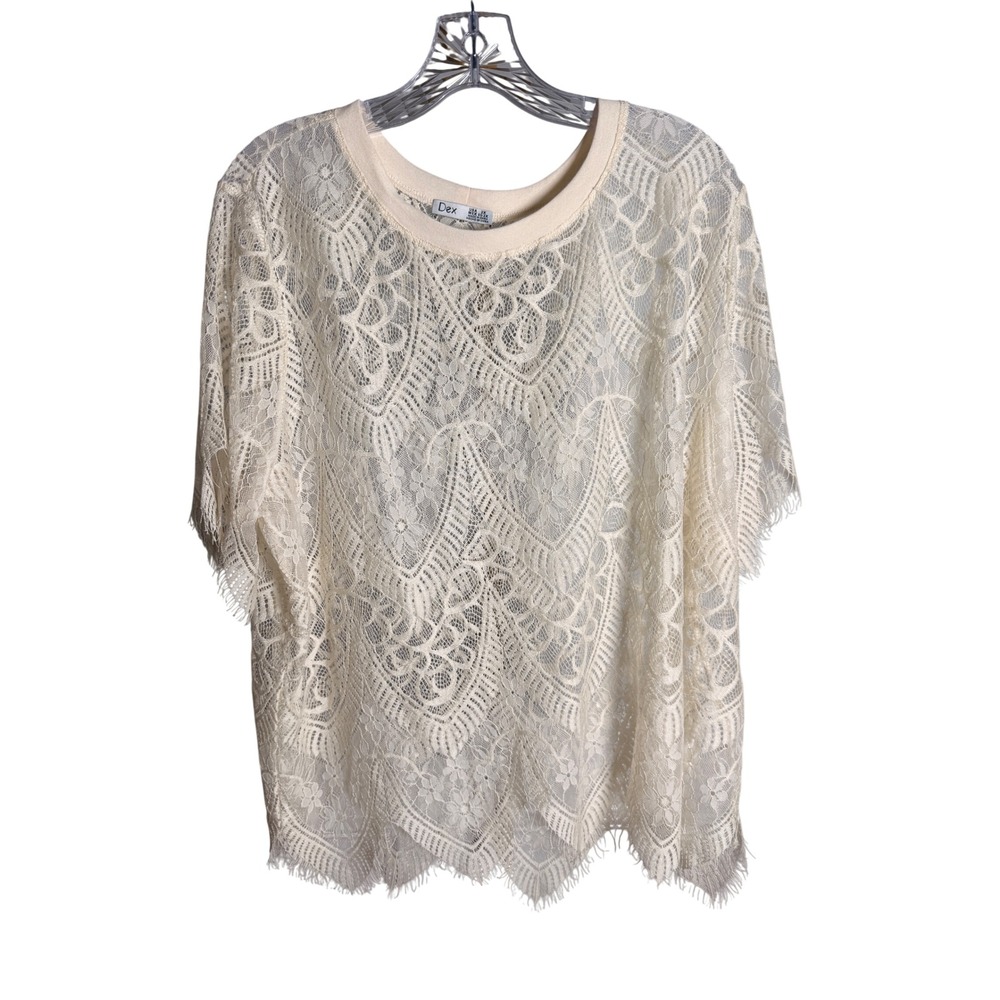 Dex Lace Top Women 2X Cream Polyester Boho Eyelash Fringe Hem